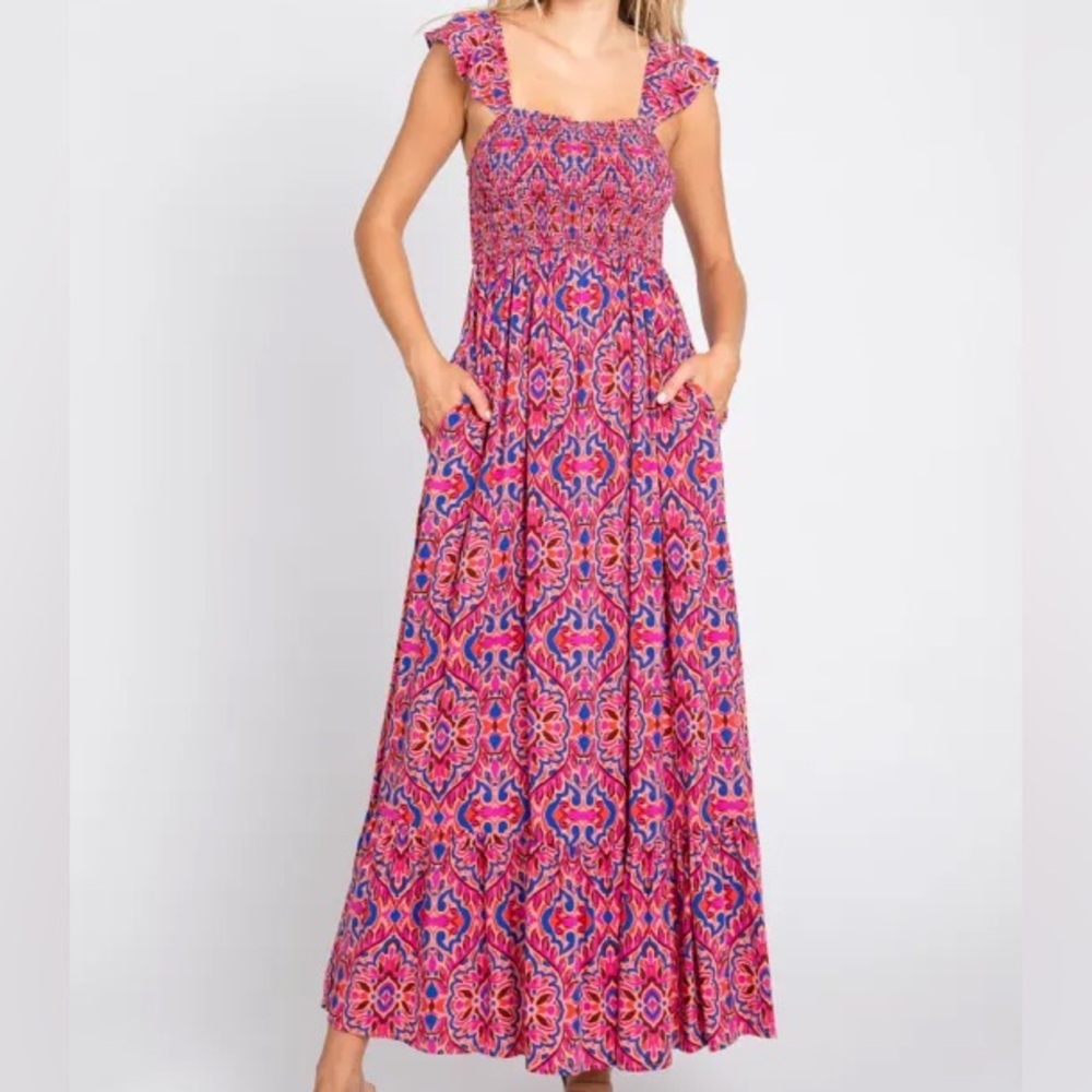 Shop Neighbor Boho Smocked Maxi Dress Pink Orange Print Size Large EUC